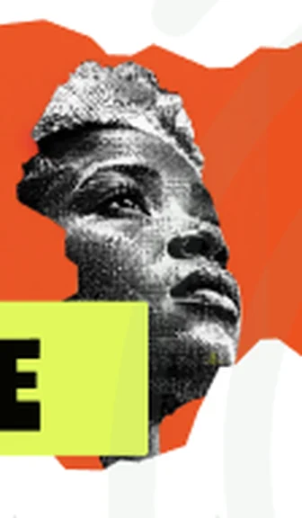 Collage of a young Nigerian woman’s face set inside an orange map of Nigeria
